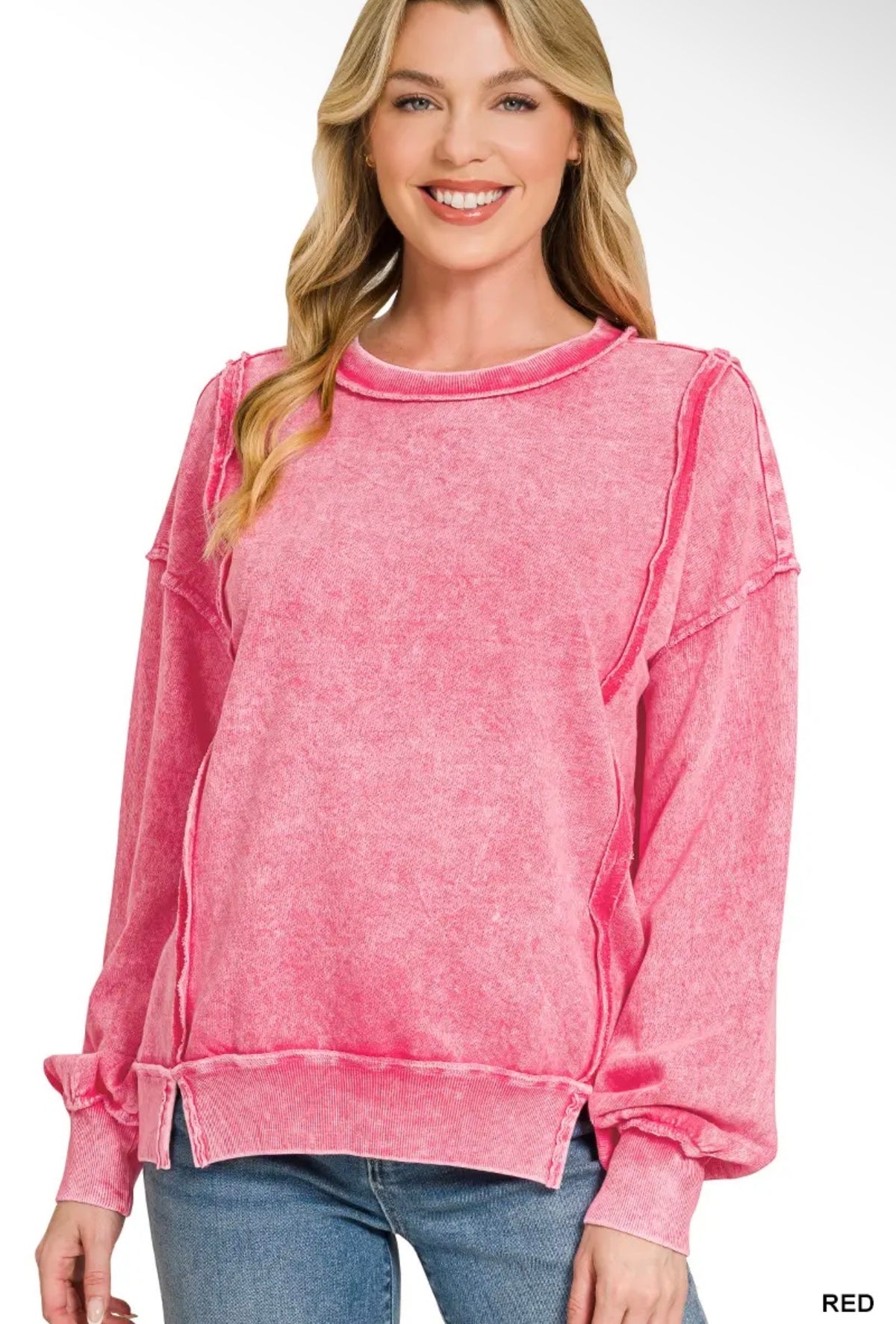 Greer Halo Snow Wash Exposed Seam Sweatshirt — Zenana