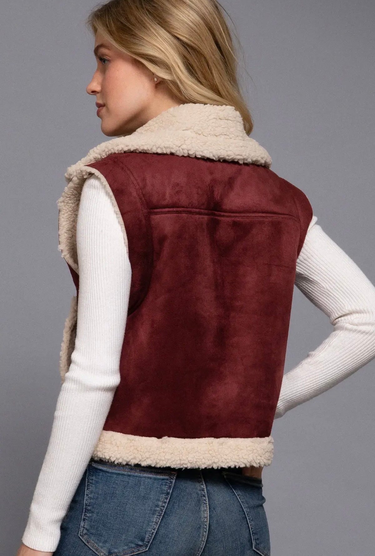 Macy Burgundy Faux Suede Sherpa Vest