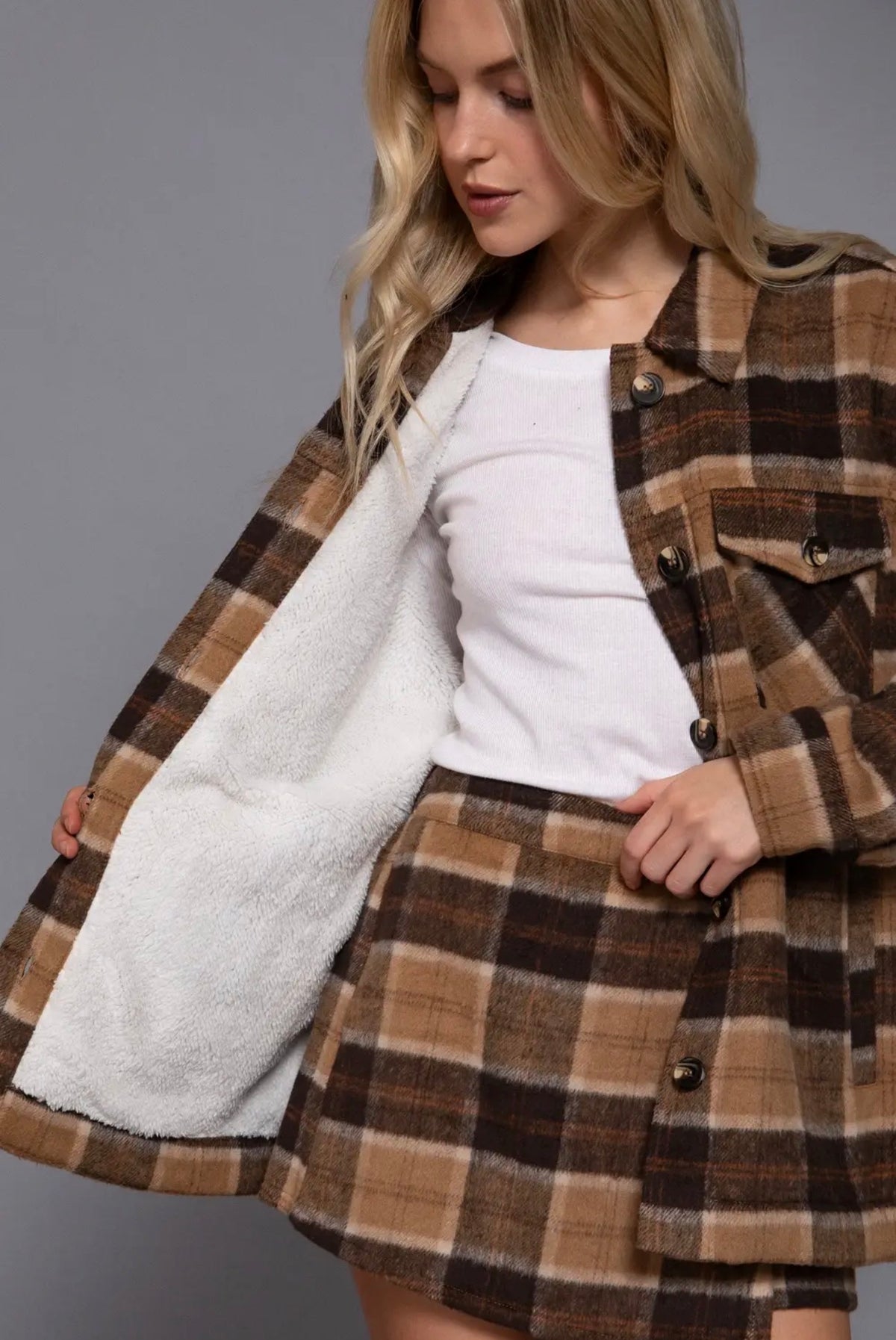 Harper Faux-Fur Lined Plaid Jacket — Mocha Brown
