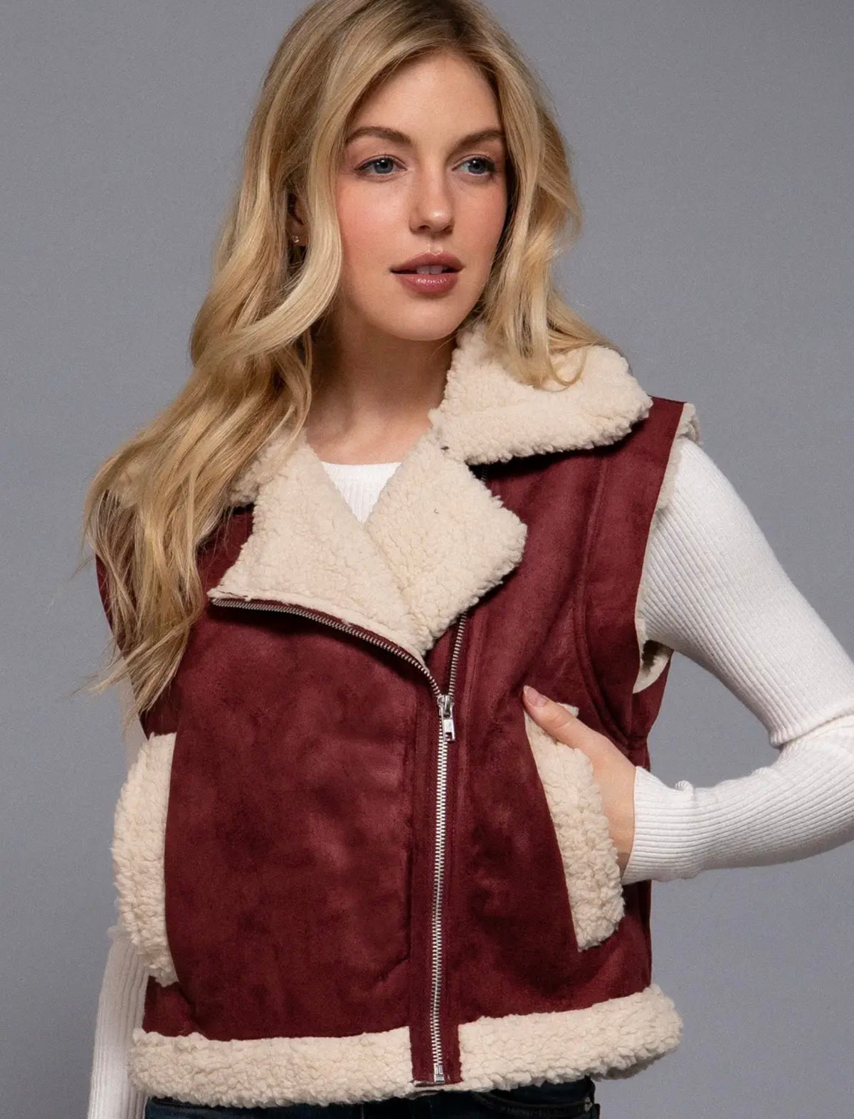 Macy Burgundy Faux Suede Sherpa Vest