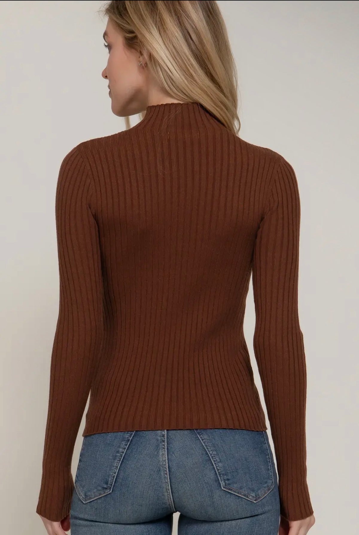 Camille High-Neck Ribbed Sweater — Chocolate Brown