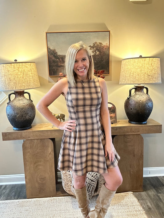 Sloane Khaki Plaid Swing Mini Dress