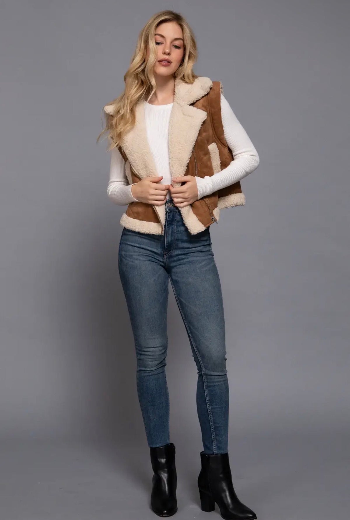 Kendall Camel Faux Suede Sherpa Vest