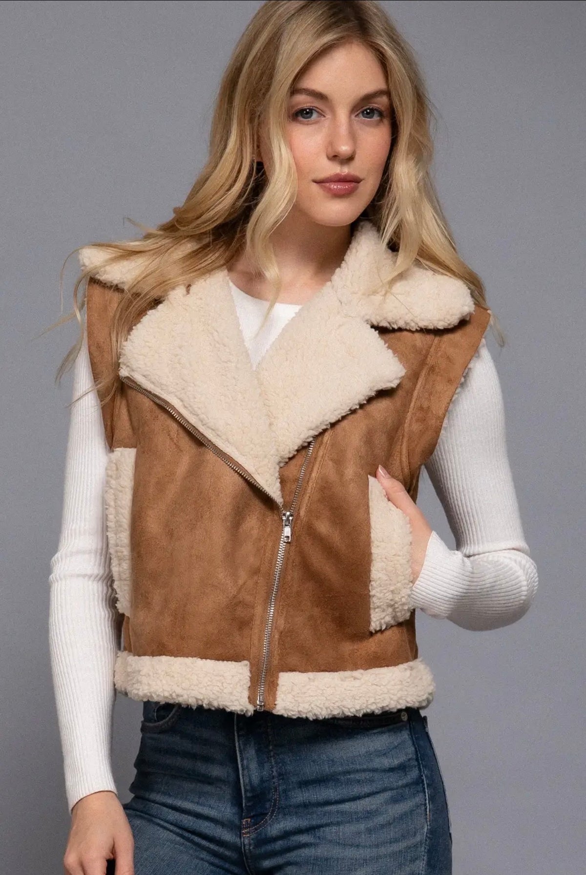 Kendall Camel Faux Suede Sherpa Vest