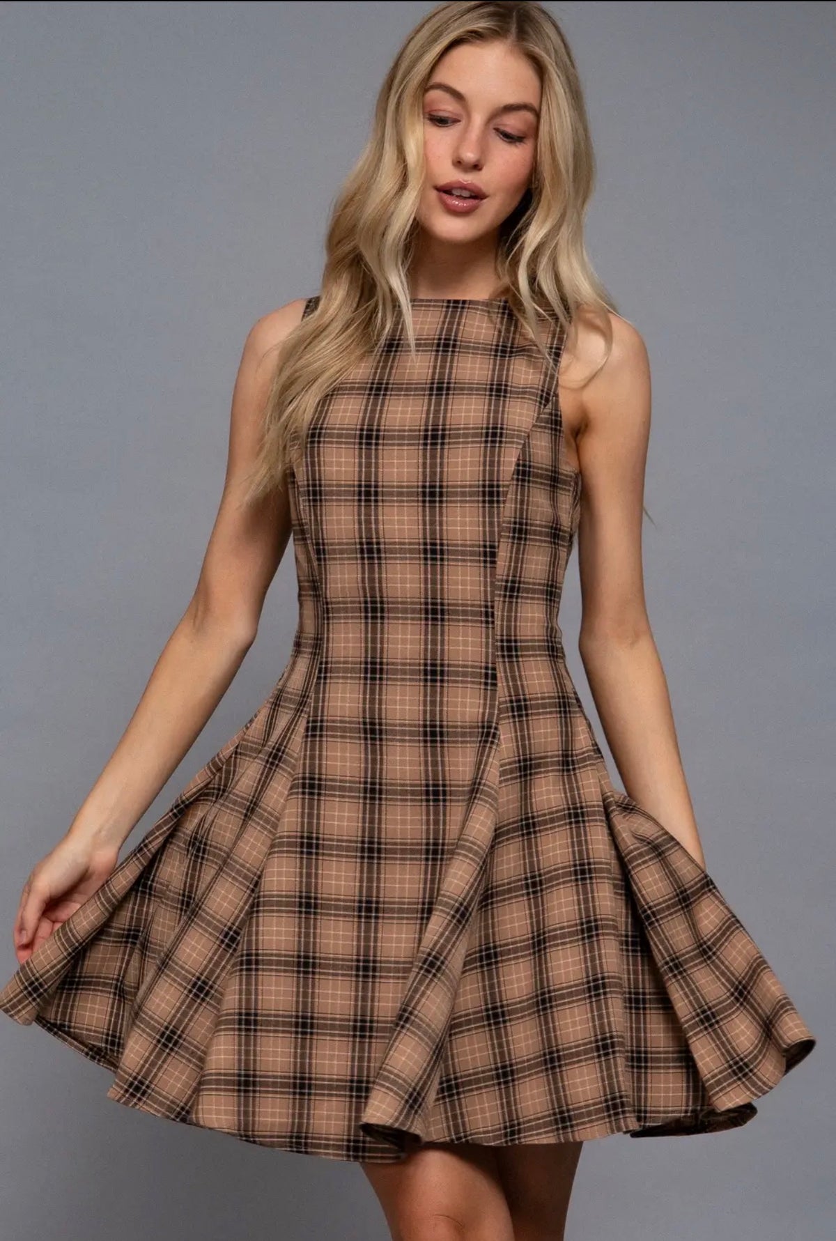 Sloane Khaki Plaid Swing Mini Dress