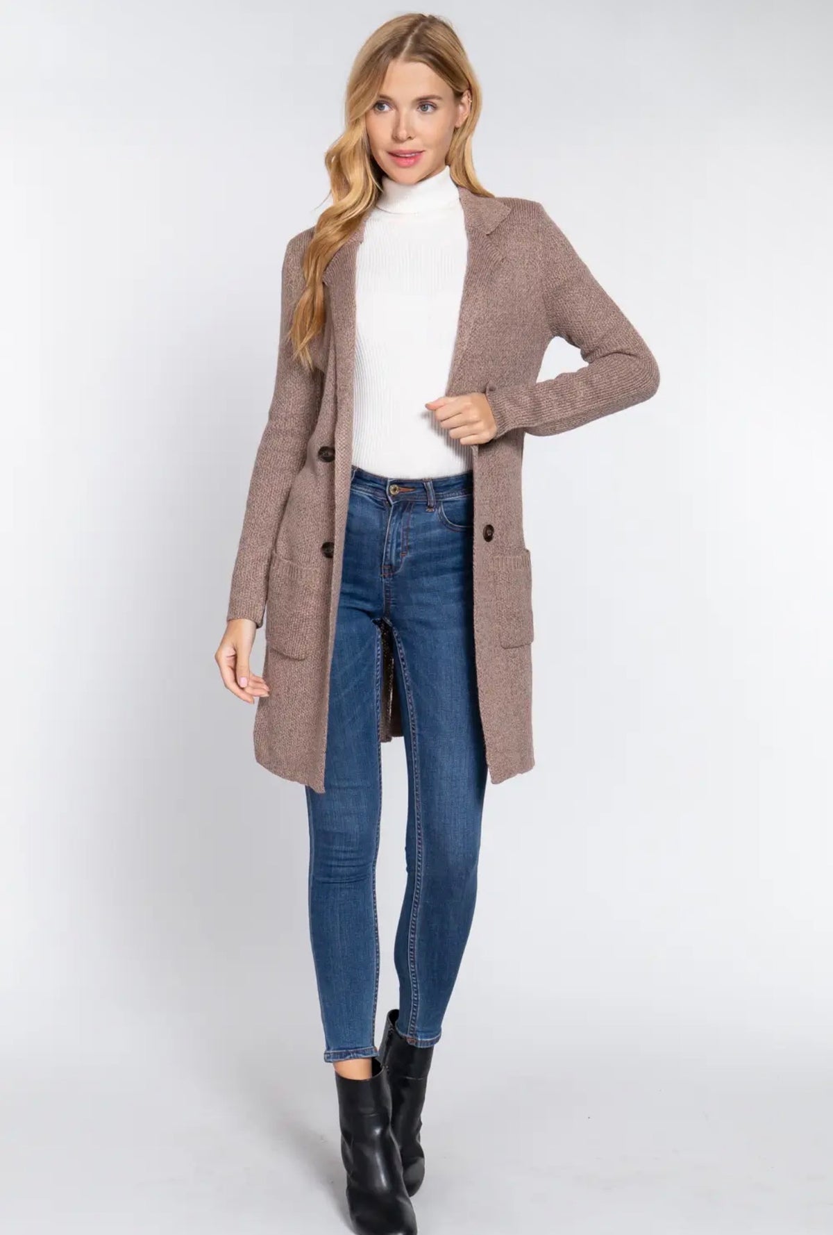 🩶 The Elowen Longline Sweater Jacket – Taupe