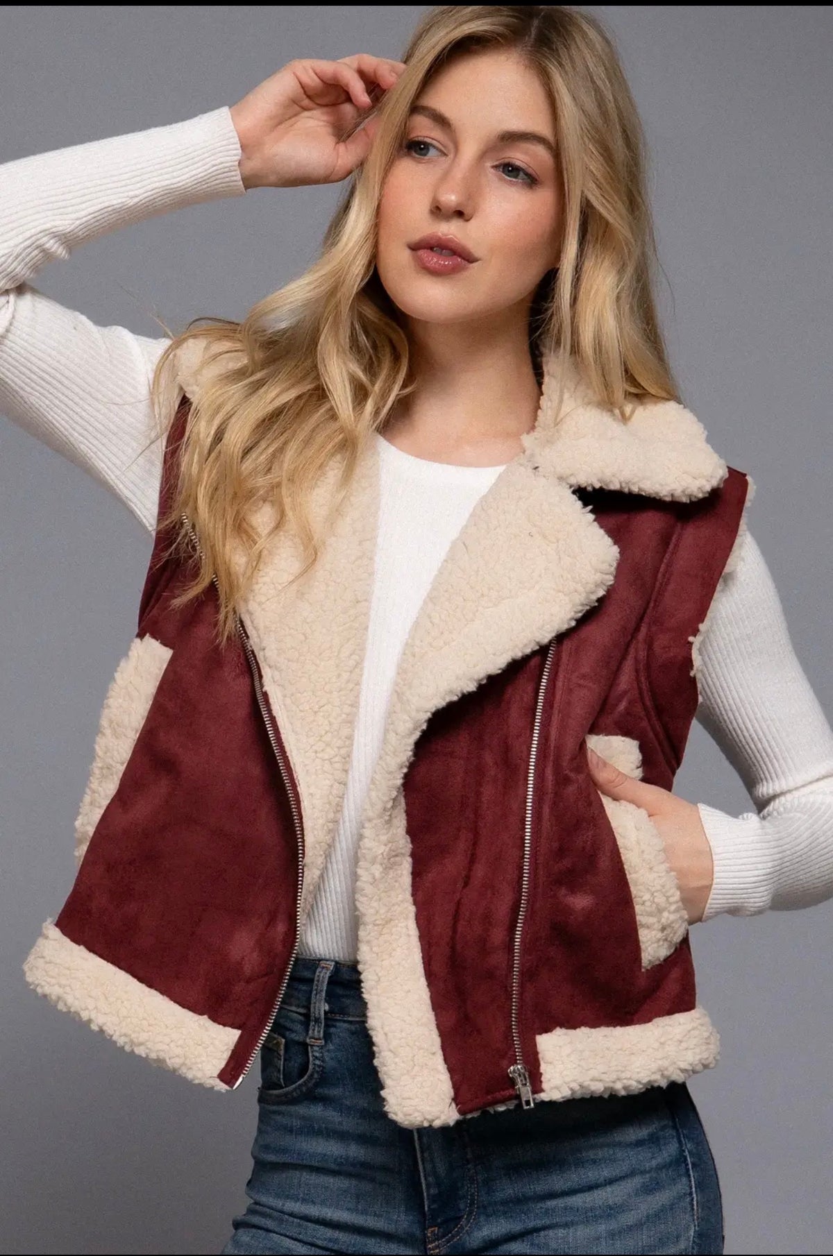 Macy Burgundy Faux Suede Sherpa Vest