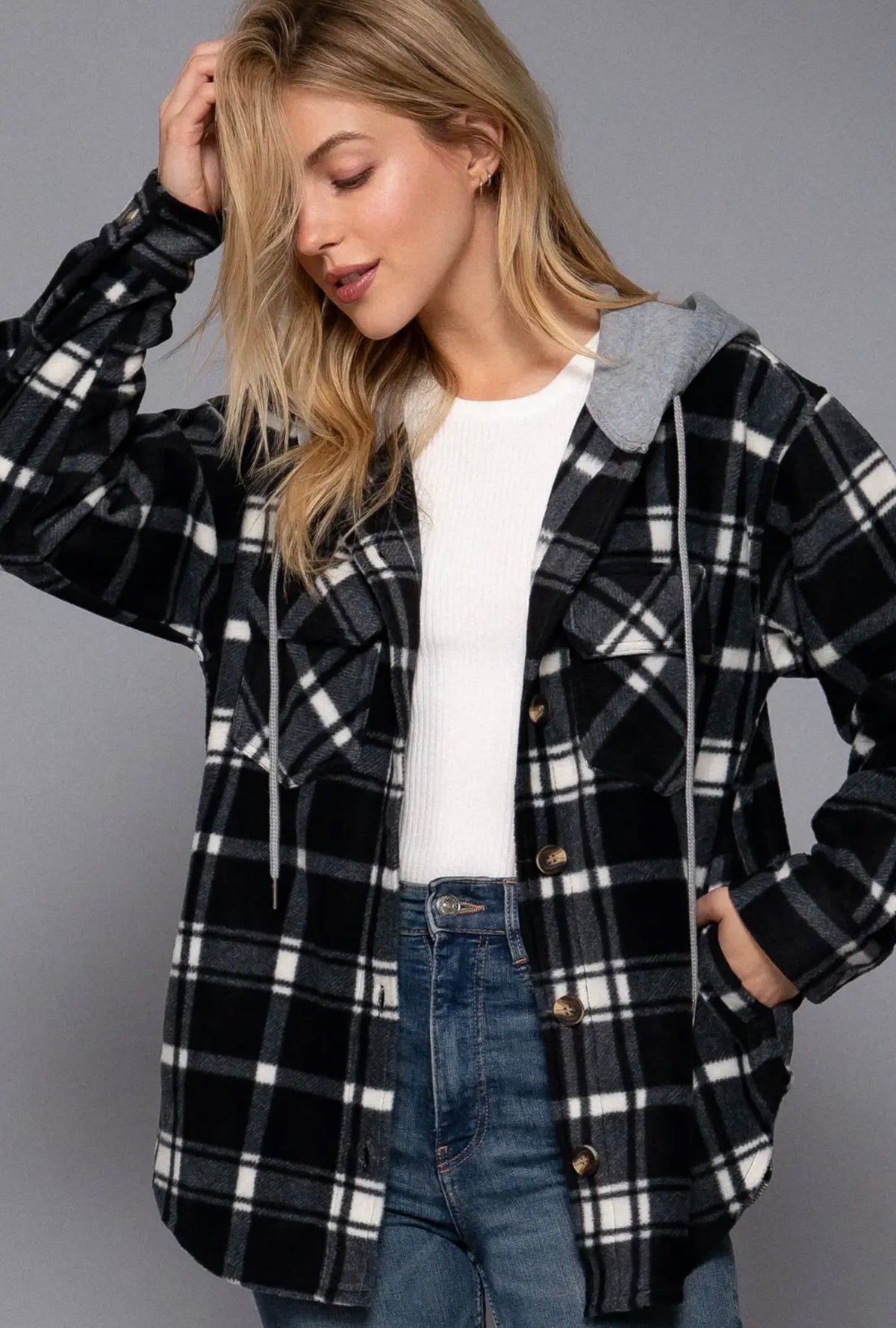 The Delaney Plaid Hooded Shacket – Black/Ivory 🖤