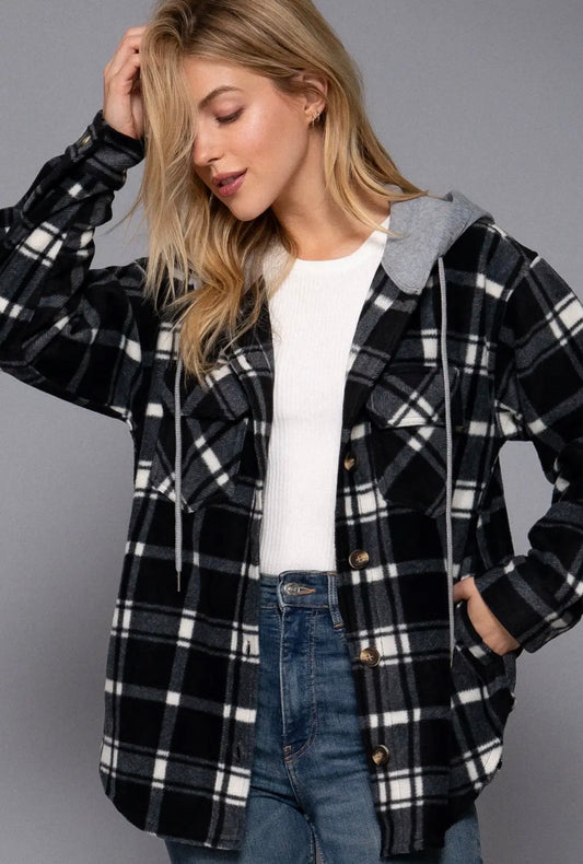 The Delaney Plaid Hooded Shacket – Black/Ivory 🖤