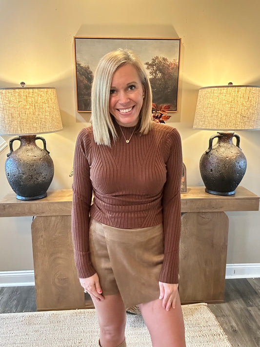 Camille High-Neck Ribbed Sweater — Chocolate Brown