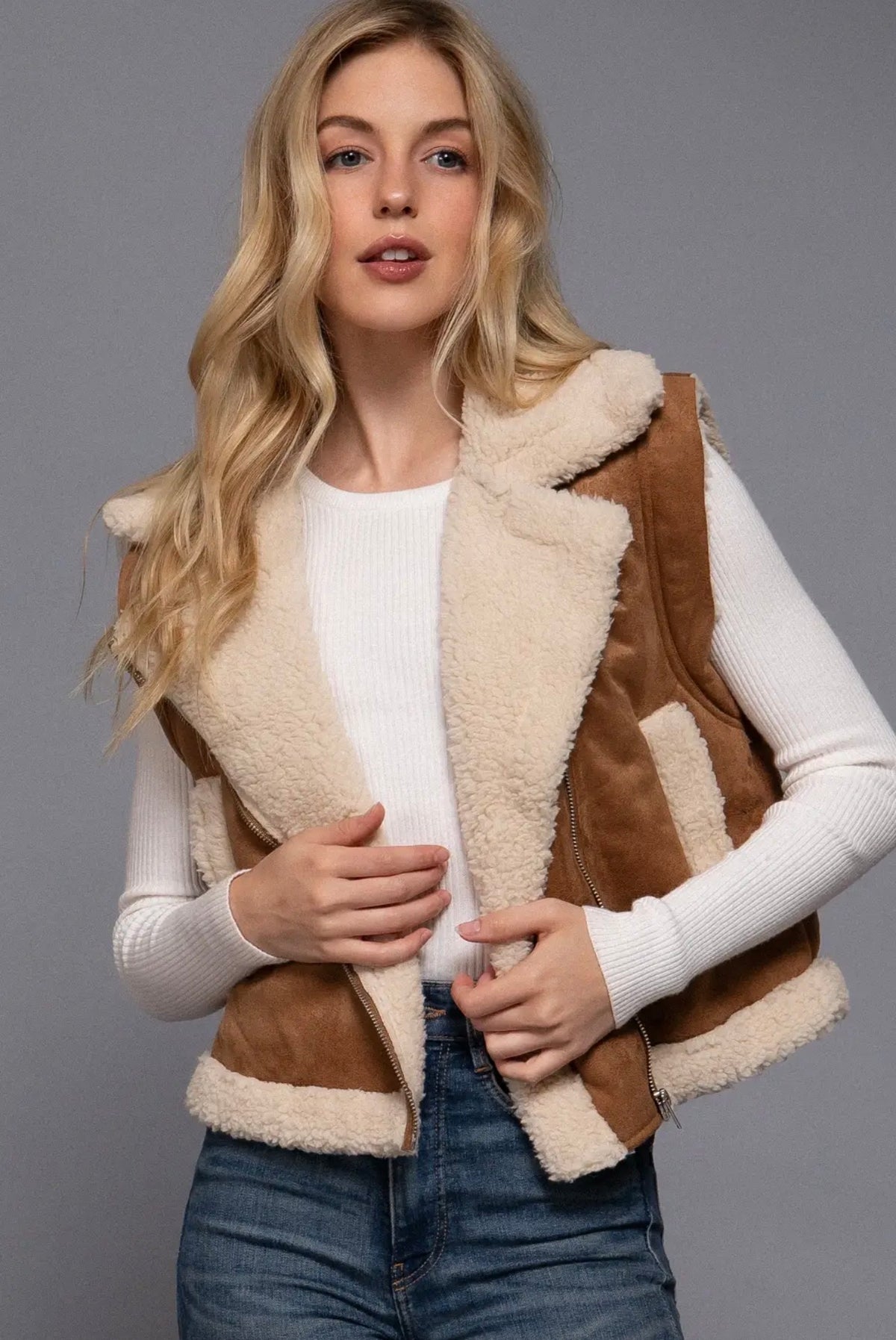 Kendall Camel Faux Suede Sherpa Vest