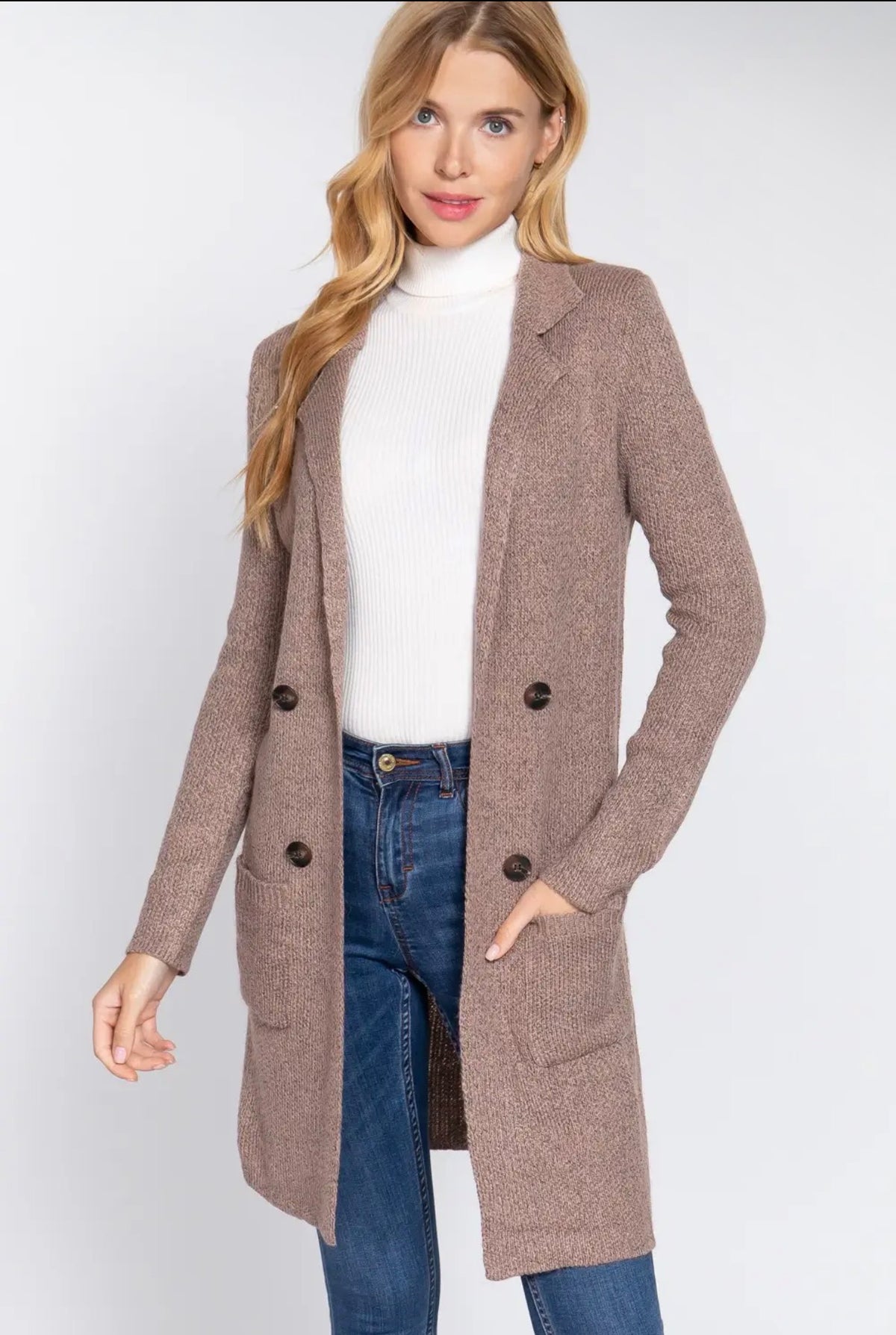 🩶 The Elowen Longline Sweater Jacket – Taupe