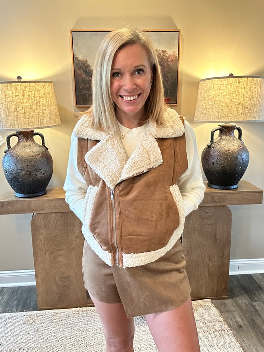 Kendall Camel Faux Suede Sherpa Vest