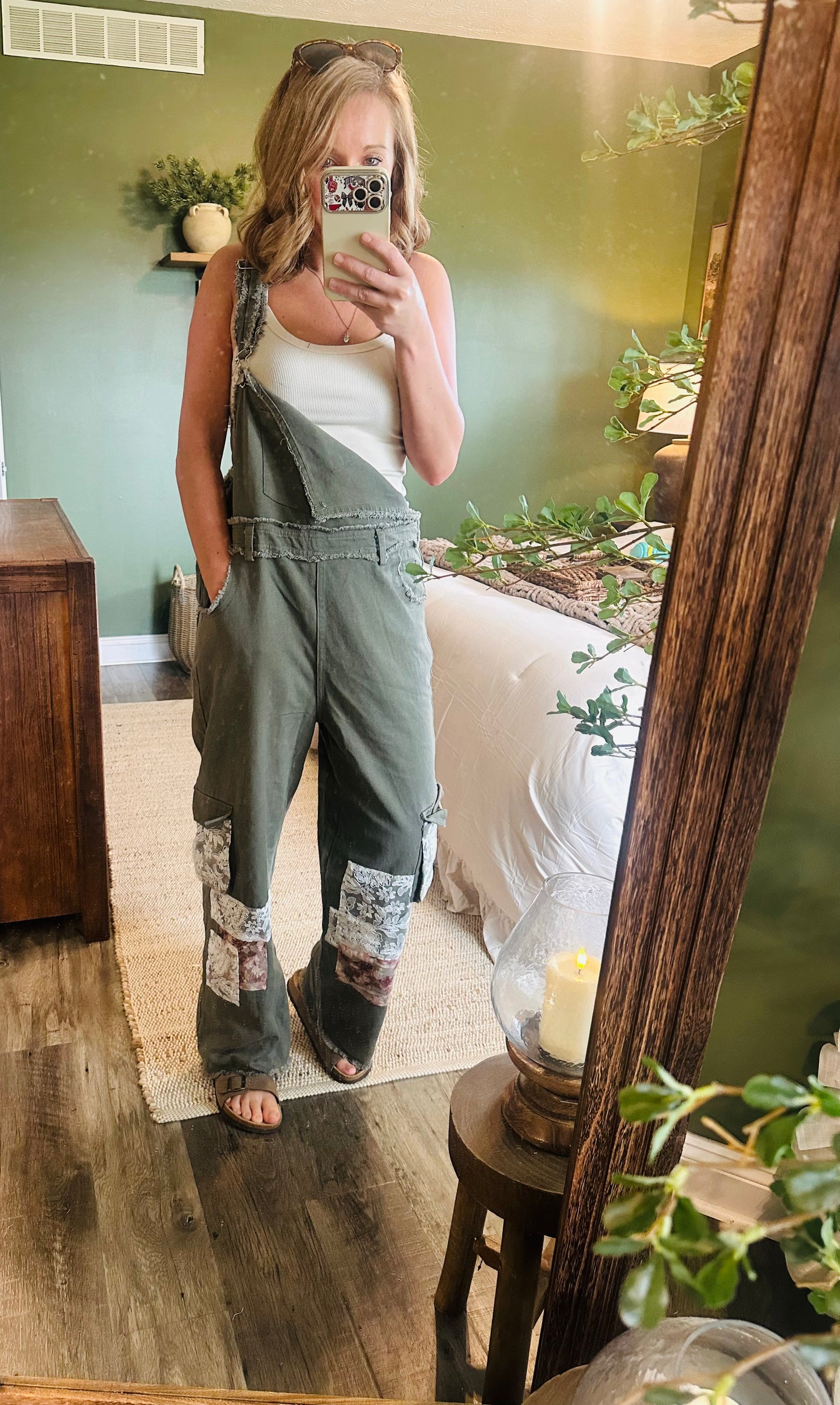Olive Meadow Patchwork Overalls