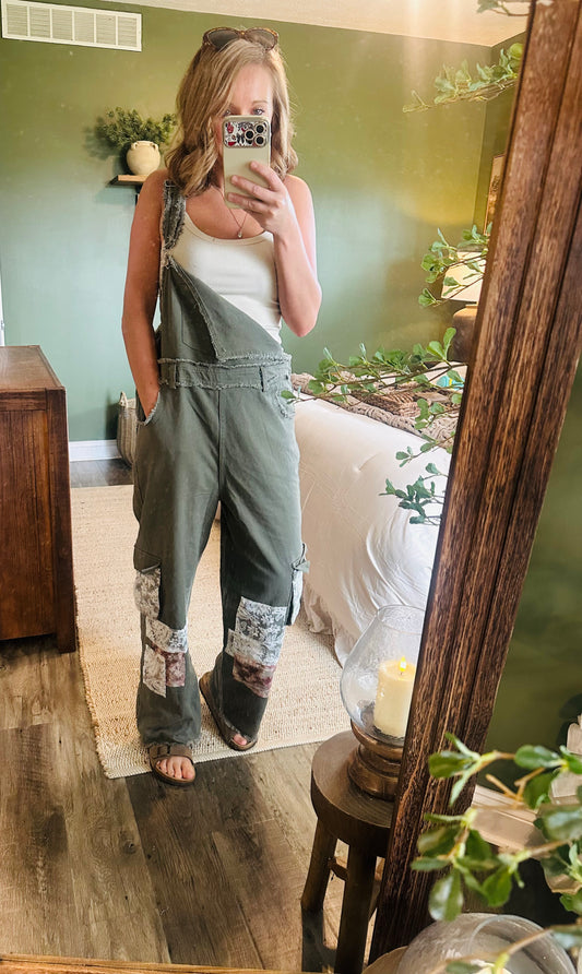 Olive Meadow Patchwork Overalls