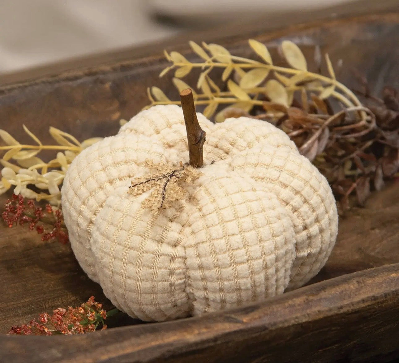 Ivory Waffle Weave Pumpkin with Burlap Leaves