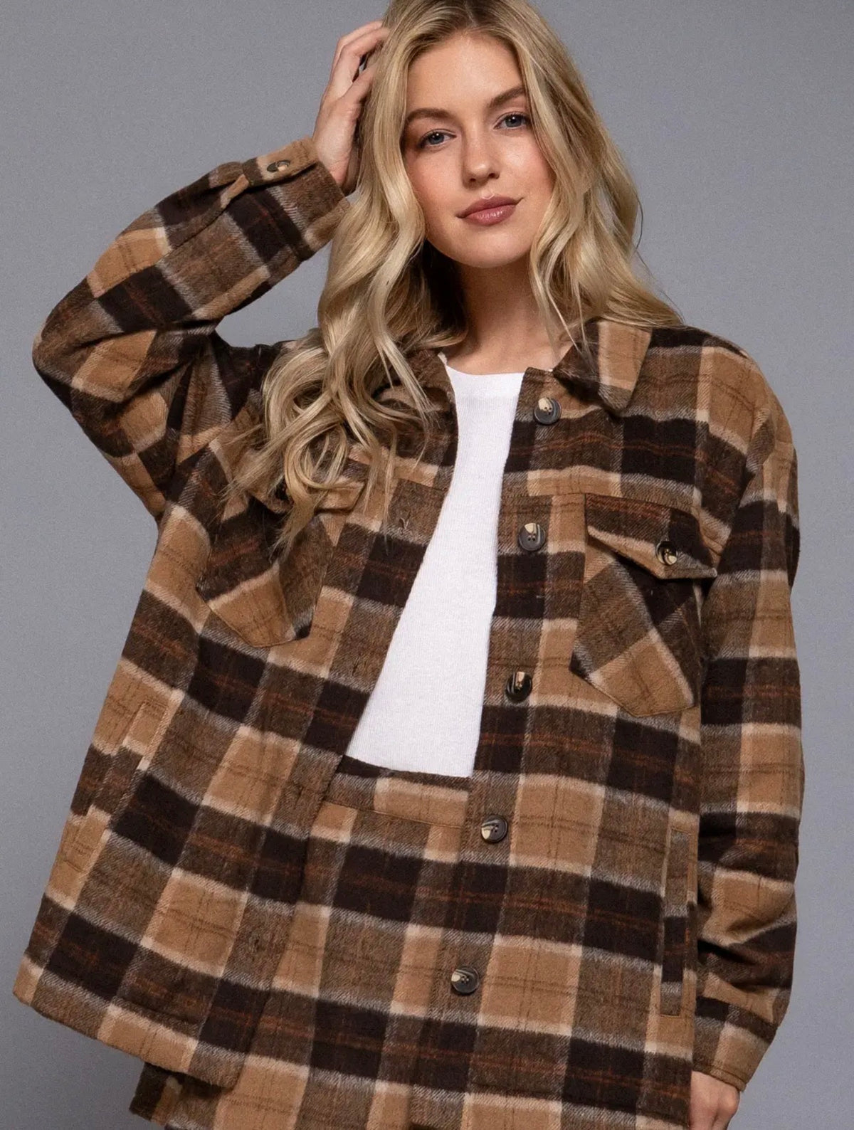 Harper Faux-Fur Lined Plaid Jacket — Mocha Brown
