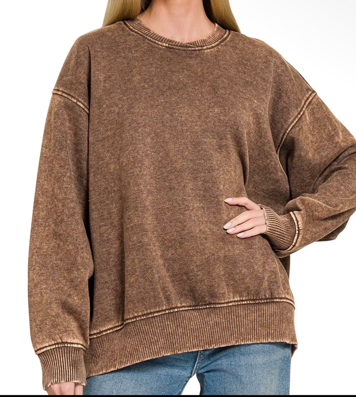 Chocolate acid wash Zenana crew