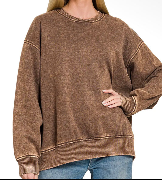 Chocolate acid wash Zenana crew