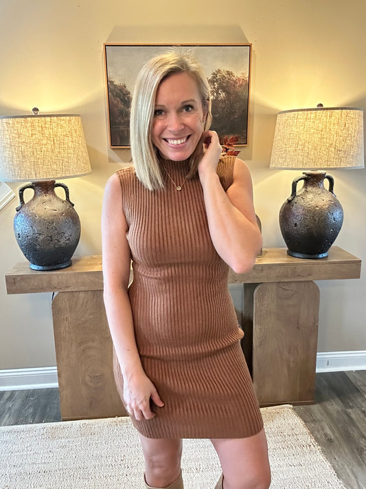 Fallon Mocha Ribbed Mock Neck Mini Dress