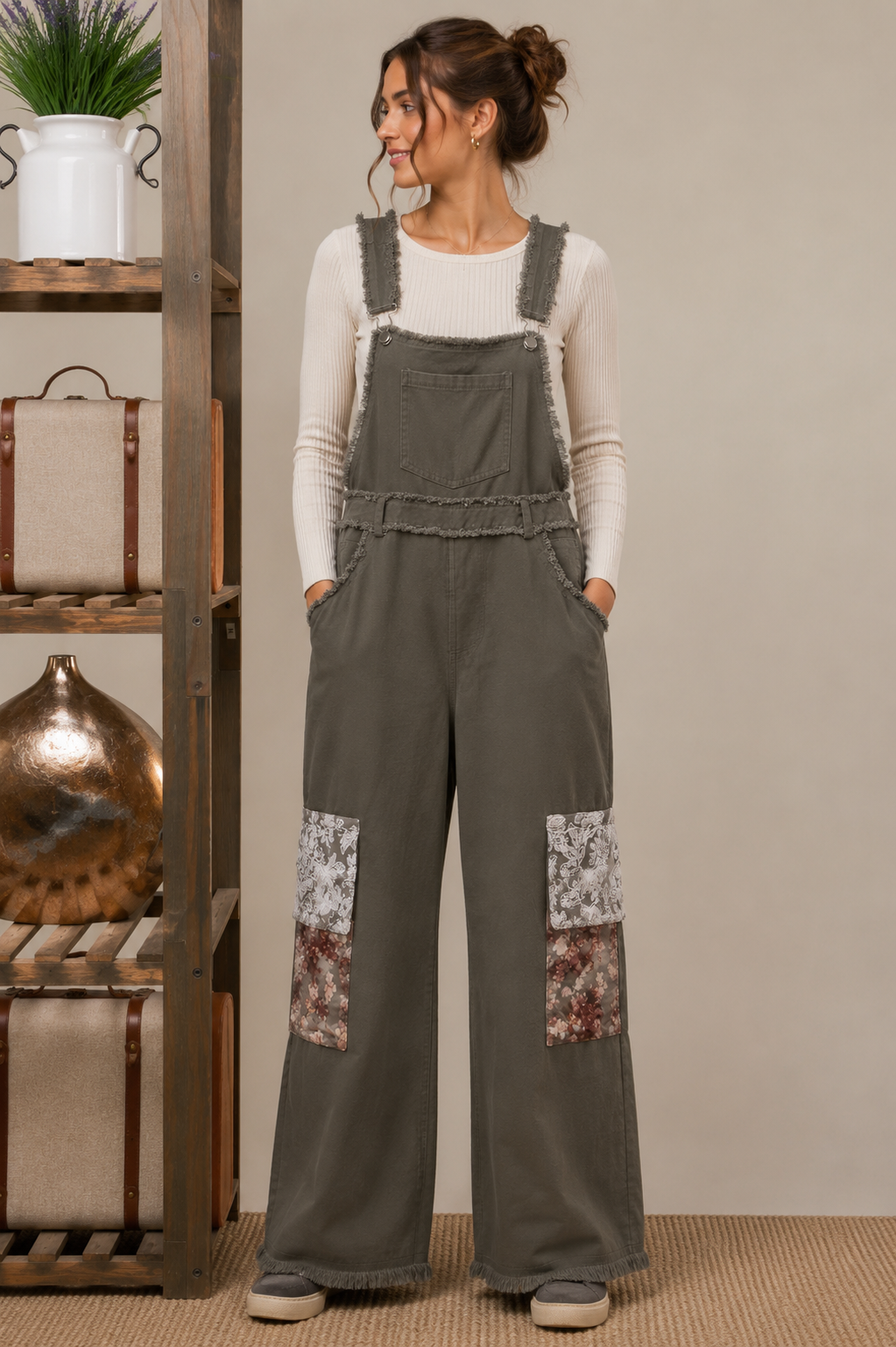 Olive Meadow Patchwork Overalls