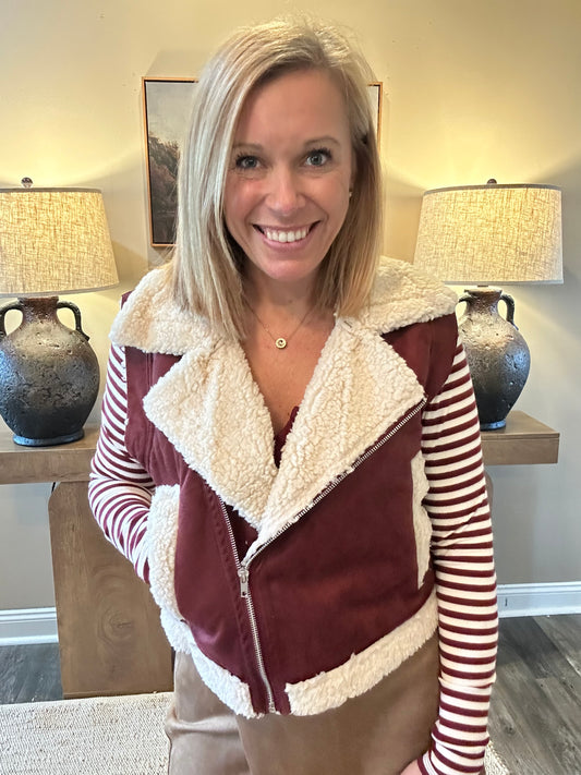 Macy Burgundy Faux Suede Sherpa Vest