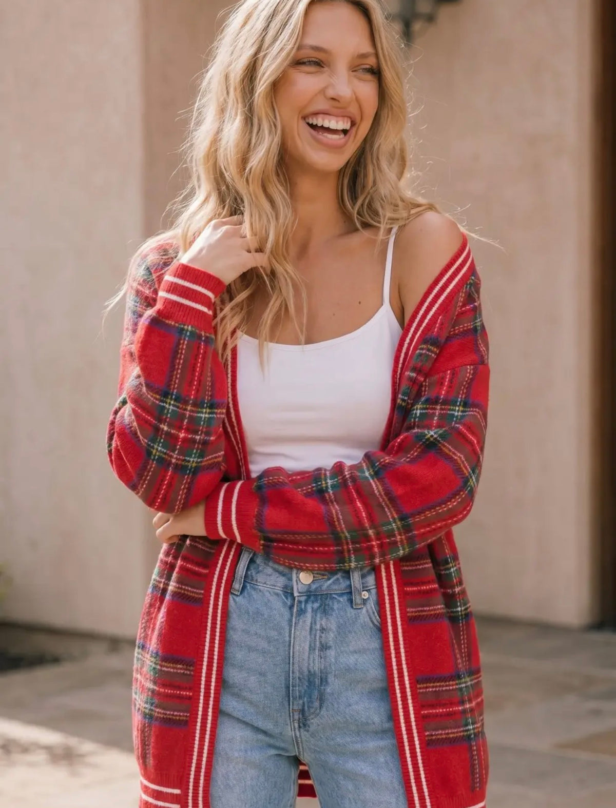 Red plaid holiday cardigan
