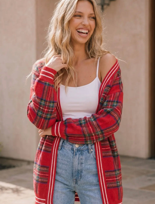 Red plaid holiday cardigan
