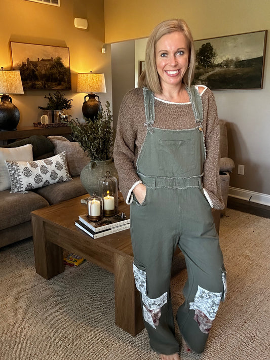 Olive Meadow Patchwork Overalls