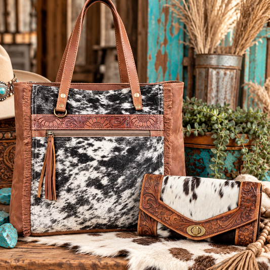 Western Cowhide & Tooled Leather Tote and Wallet Set