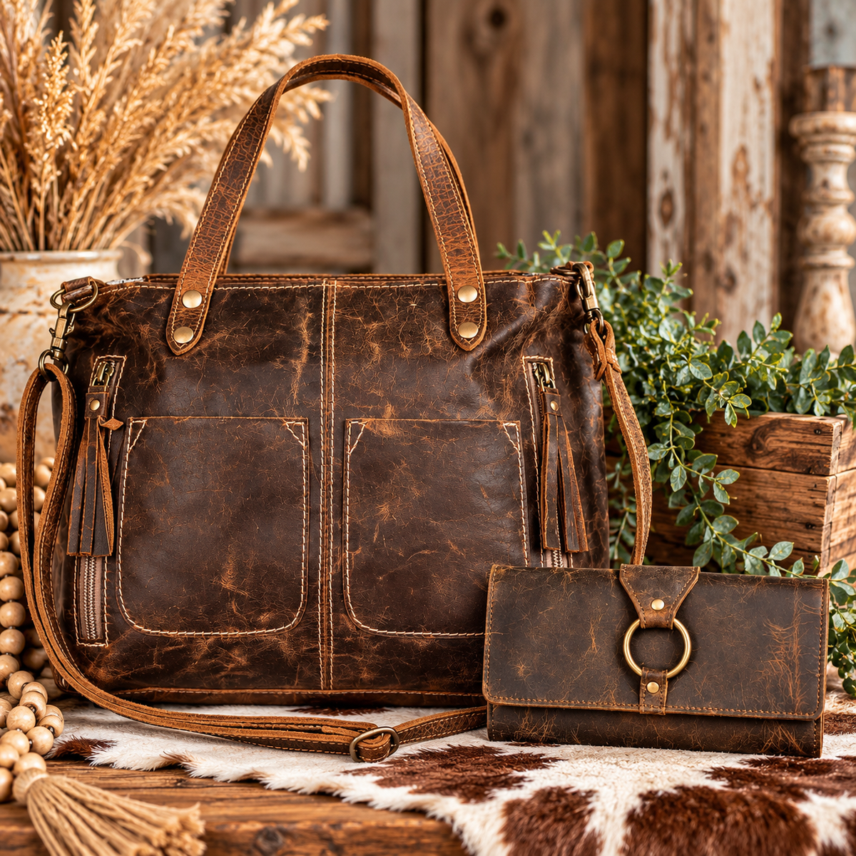 Myra Brand Vintage Brown Leather Tote & Matching Wallet Set 🤎