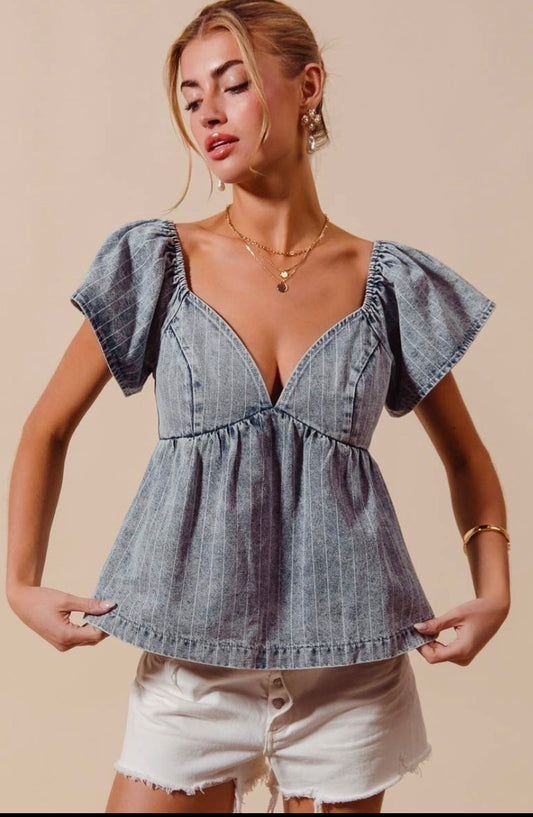 💙 Sweet Escape Denim Babydoll Top